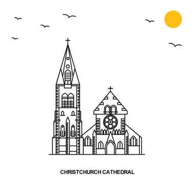Christchurch Cathedral anıt. Dünya seyahat doğal resimde arka planda çizgi stili