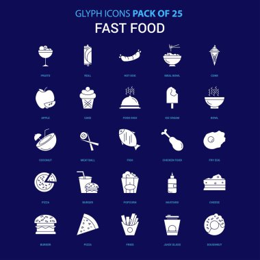 Fast food mavi arka plan üzerinde beyaz simgesi. 25 Icon Pack