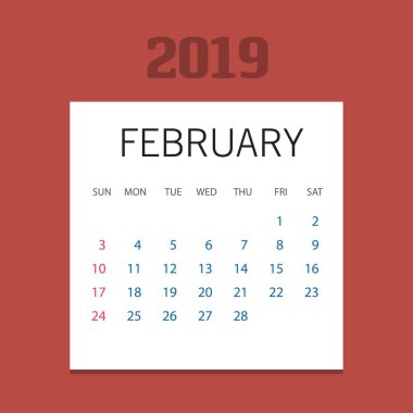 2019 mutlu yeni yıl Şubat takvim şablonu. Noel arka plan