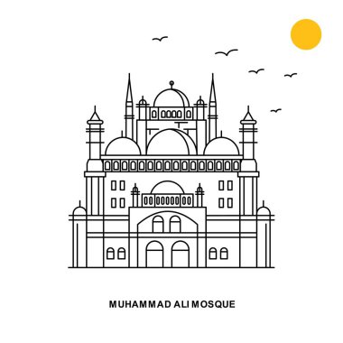 Muhammed Ali Camii anıt. Dünya seyahat doğal resimde arka planda çizgi stili