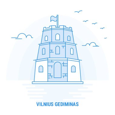 Vilnius Gediminas mavi Landmark. Yaratıcı arka plan ve Poster şablonu