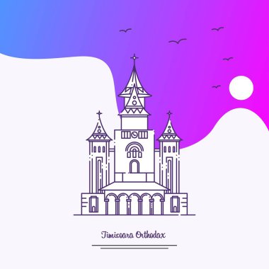 Seyahat Timisoara Orthodax Poster şablonu. Mor yaratıcı arka plan