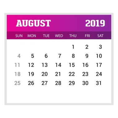 2019 mutlu yeni yıl Ağustos takvim şablonu. Noel arka plan