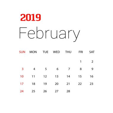 2019 mutlu yeni yıl Şubat takvim şablonu. Noel arka plan