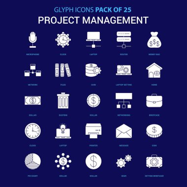 Proje Yönetimi beyaz simgesi mavi arka plan üzerinde. 25 Icon Pack
