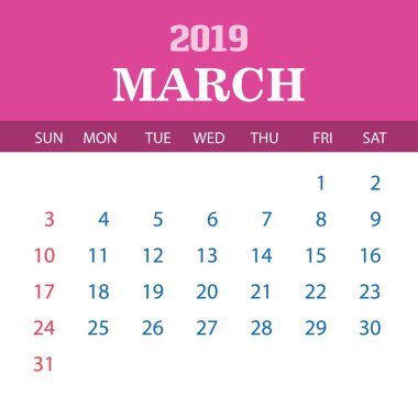 2019 takvim şablonu - Mart