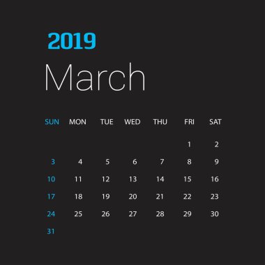 2019 mutlu yeni yıl Mart takvim şablonu. Noel arka plan