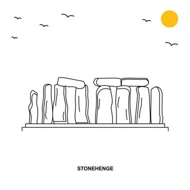 Stonehenge anıt. Dünya seyahat doğal resimde arka planda çizgi stili