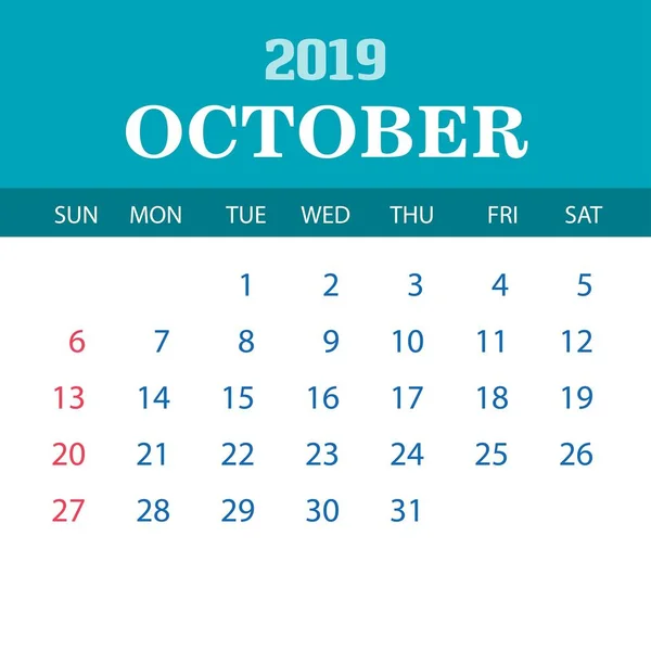 2019 Kalendersjabloon Oktober — Stockvector