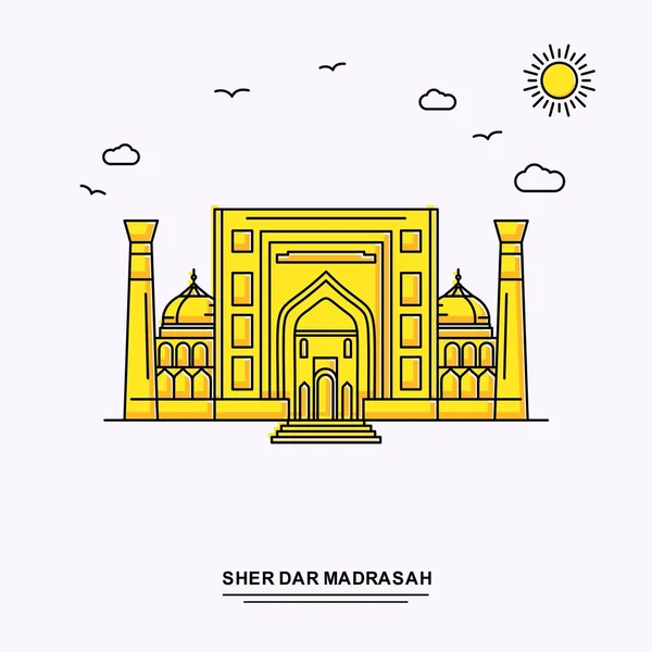 Sher Dar Madrasah Denkmal Plakatvorlage Welt Reise Gelb Illustration Hintergrund — Stockvektor