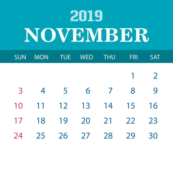 Plantilla Calendario 2019 Noviembre — Archivo Imágenes Vectoriales