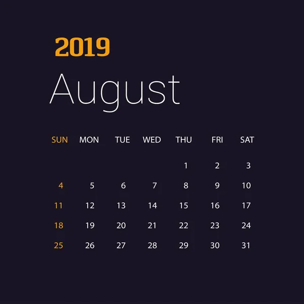 2019 Frohes Neues Jahr August Kalendervorlage Weihnachtlicher Hintergrund — Stockvektor