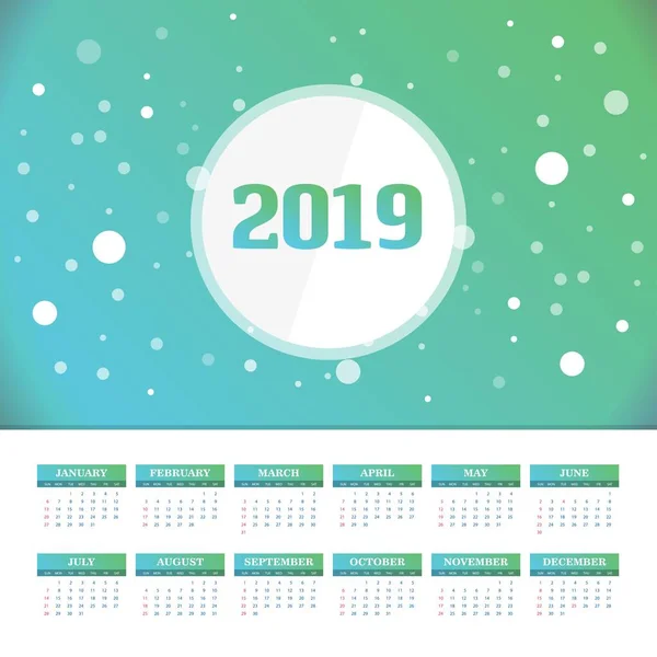 Plantilla Calendario 2019 Fondo Vectorial — Vector de stock