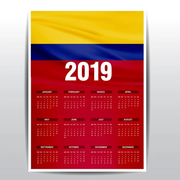 Kalendarzowy 2019 Kolumbia Flaga Tła Język Angielski — Wektor stockowy