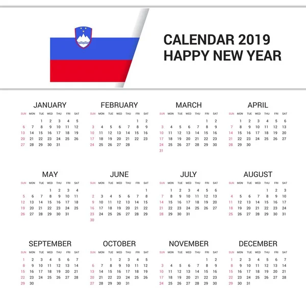 Calendario 2019 Slovenia Fondo Bandiera Lingua Inglese — Vettoriale Stock