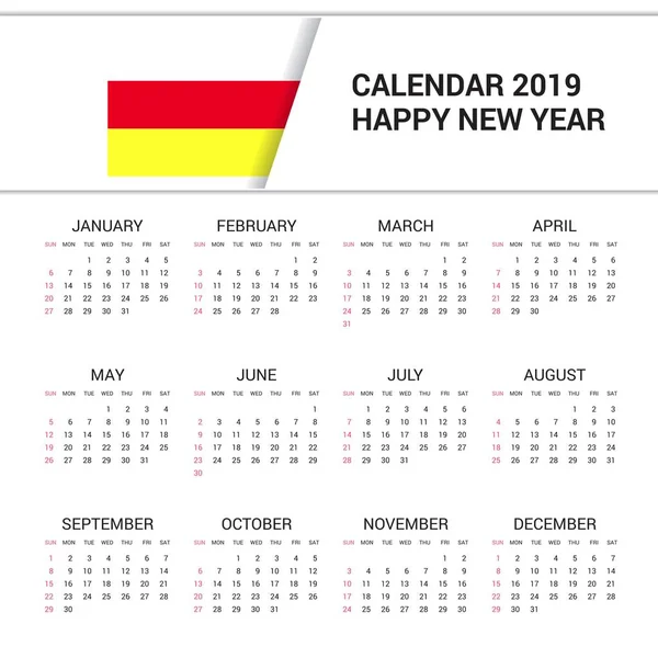 Calendrier 2019 Ossétie Nord Fond Drapeau Langue Anglaise — Image vectorielle