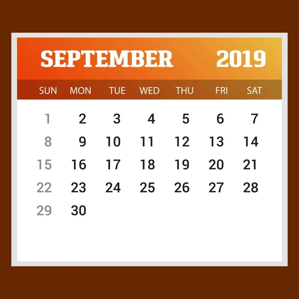 2019 Happy New Year September Calendar Template Christmas Background — Stock Vector
