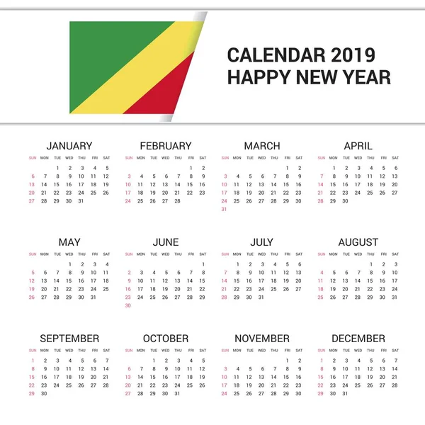 Calendrier 2019 République Congo Fond Drapeau Langue Anglaise — Image vectorielle