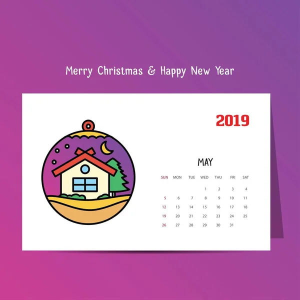 2019 Happy New Year May Calendar Template Christmas Background — Stock Vector