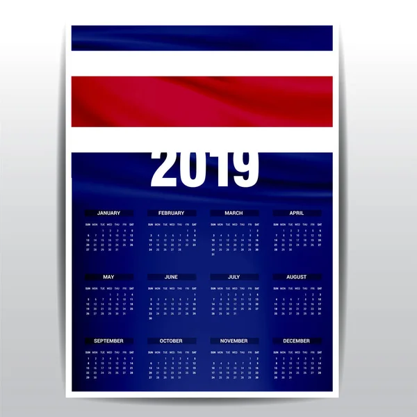 Calendario 2019 Costa Rica Fondo Bandera Idioma Inglés — Archivo Imágenes Vectoriales