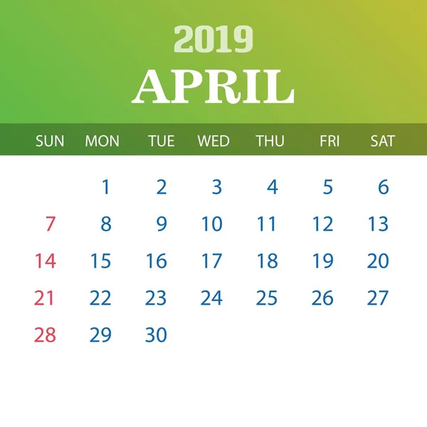 Plantilla Calendario 2019 Abril — Archivo Imágenes Vectoriales
