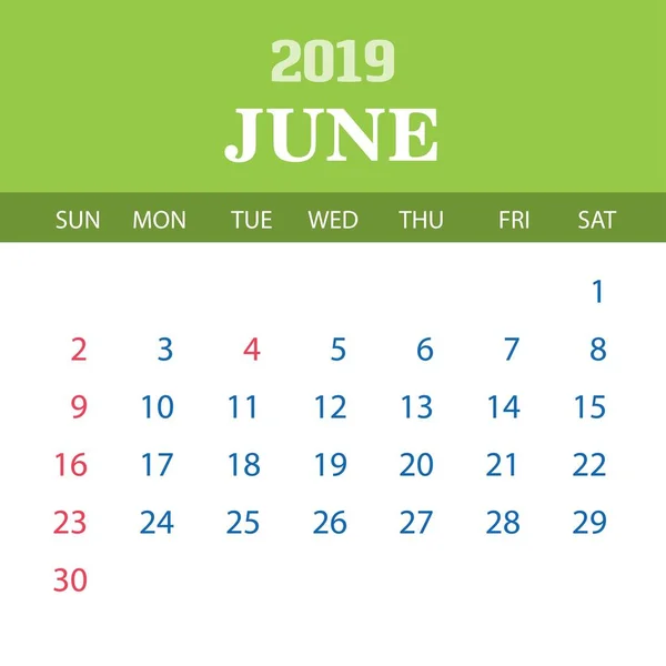 Plantilla Calendario 2019 Junio — Vector de stock