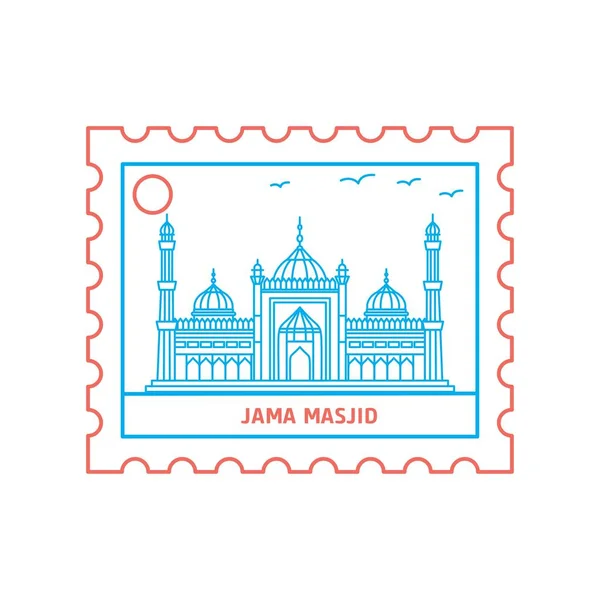 Почтовая Марка Jama Masjid Blue Red Line Style Векторная Иллюстрация — стоковый вектор