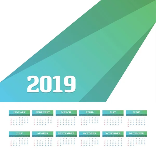 Šablona Kalendáře 2019 Vektorový Pozadí — Stockový vektor