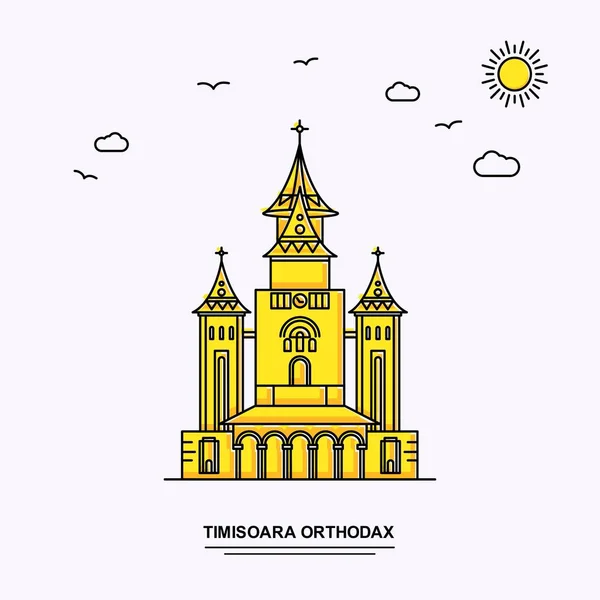 Timisoara Orthodax Monument Poster Template Mondo Viaggio Giallo Illustrazione Sfondo — Vettoriale Stock