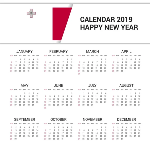 Calendario 2019 Malta Fondo Bandera Idioma Inglés — Vector de stock