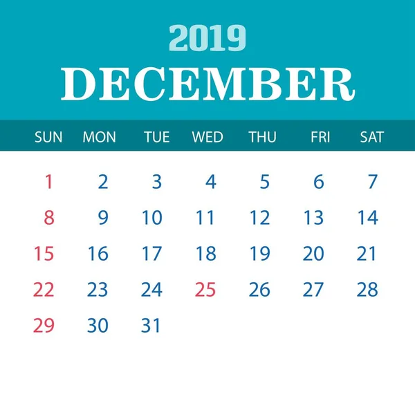Vorlage Für Das Kalenderblatt 2019 Dezember — Stockvektor