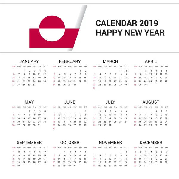 Calendario 2019 Groenlandia Fondo Bandera Idioma Inglés — Vector de stock