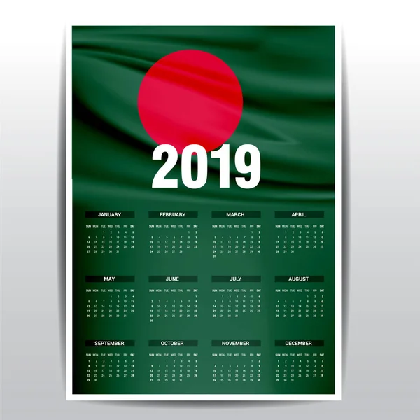 Calendário 2019 Bangladesh Bandeira Fundo Língua Inglesa — Vetor de Stock