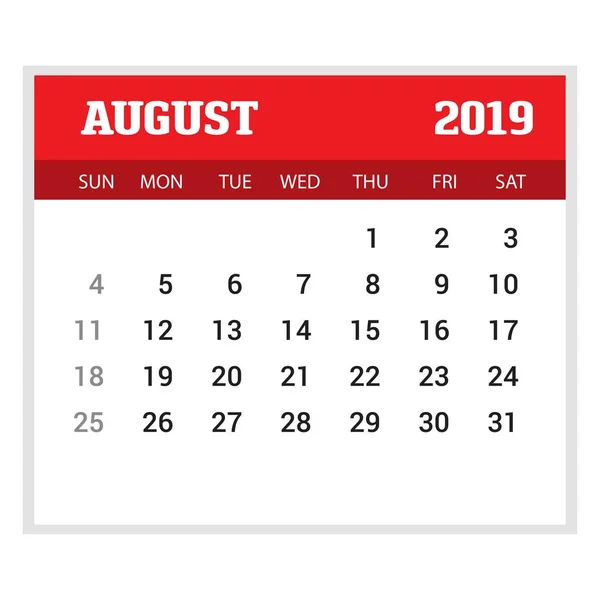 2019 Happy New Year August Calendar Template Рождественский Фон — стоковый вектор