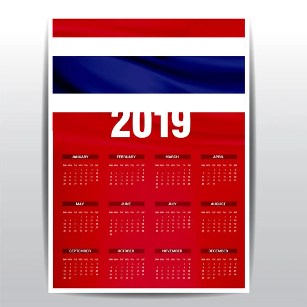 Calendar 2019 Thailand Flag Background English Language — Stock Vector