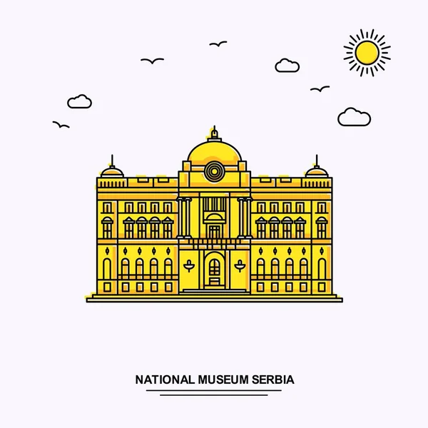Museo Nacional Serbia Plantilla Cartel Monumento Mundo Viaje Amarillo Ilustración — Vector de stock