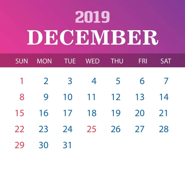 Vorlage Für Das Kalenderblatt 2019 Dezember — Stockvektor