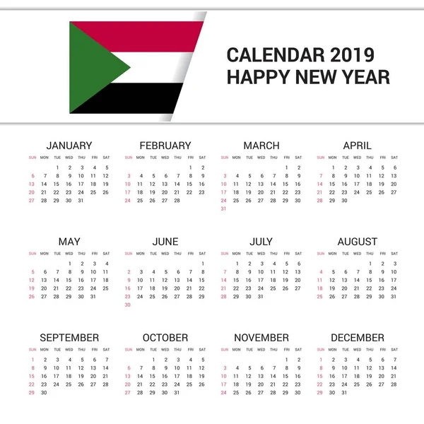 Calendar 2019 Sudan Flag Background English Language — Stock Vector