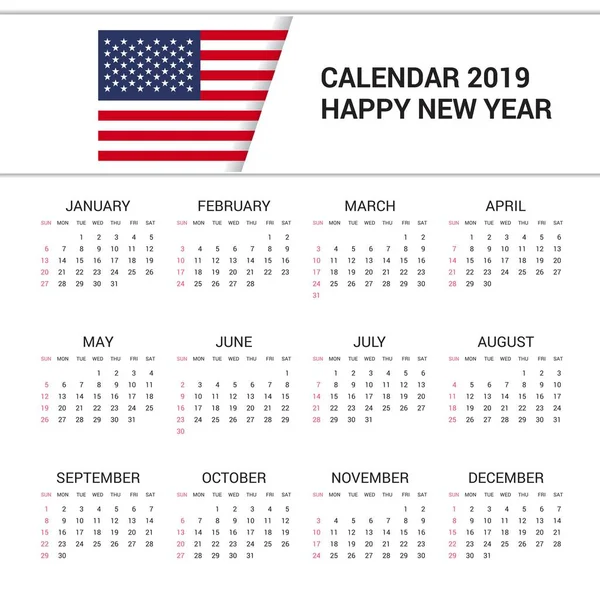 Calendario 2019 Estados Unidos América Fondo Bandera Idioma Inglés — Archivo Imágenes Vectoriales