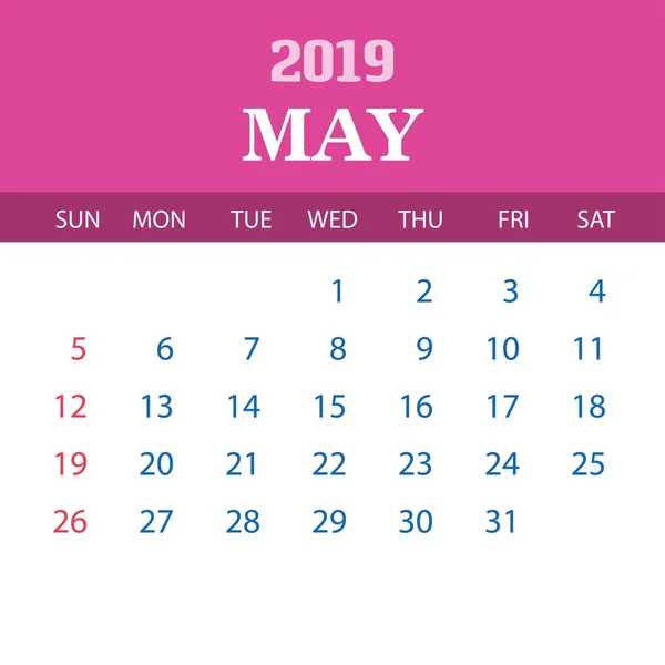 Plantilla Calendario 2019 Mayo — Vector de stock