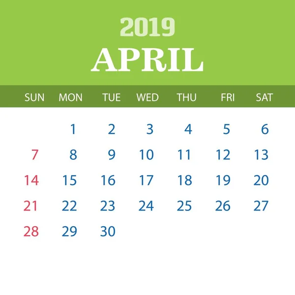 Plantilla Calendario 2019 Abril — Archivo Imágenes Vectoriales