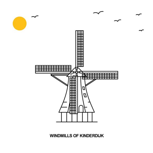 WINDMILLS OF KINDERDIJK Monument. World Travel Natural illustration Background in Line Style