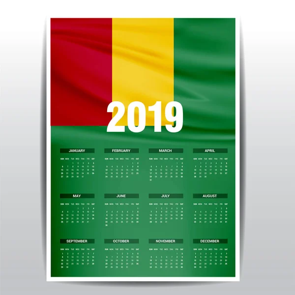 Calendario 2019 Guinea Fondo Bandera Idioma Inglés — Archivo Imágenes Vectoriales