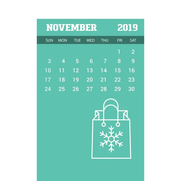 2019 Feliz Año Nuevo Noviembre Calendario Plantilla Fondo Navidad — Vector de stock
