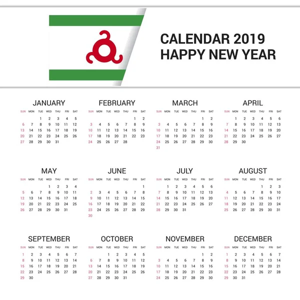 Calendario 2019 Ingushetia Fondo Bandera Idioma Inglés — Vector de stock