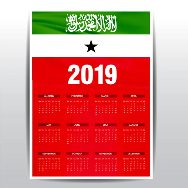 Kalender 2019 Somaliland Vlag Achtergrond Engelse Taal — Stockvector