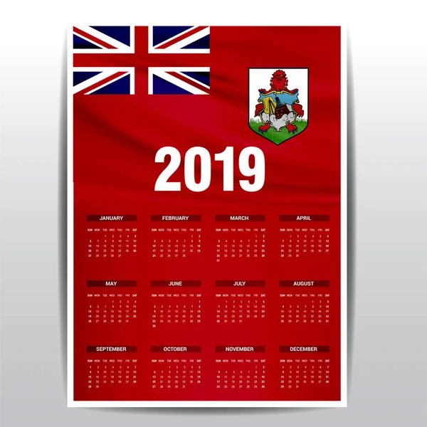 Tło Kalendarza 2019 Flaga Bermudów Język Angielski — Wektor stockowy