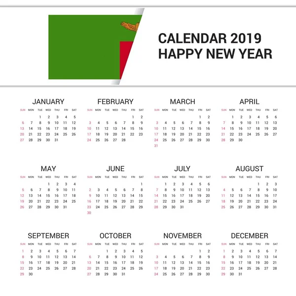 Calendario 2019 Zambia Fondo Bandera Idioma Inglés — Vector de stock