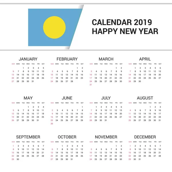 Kalender 2019 Palau Flagge Hintergrund Englische Sprache — Stockvektor