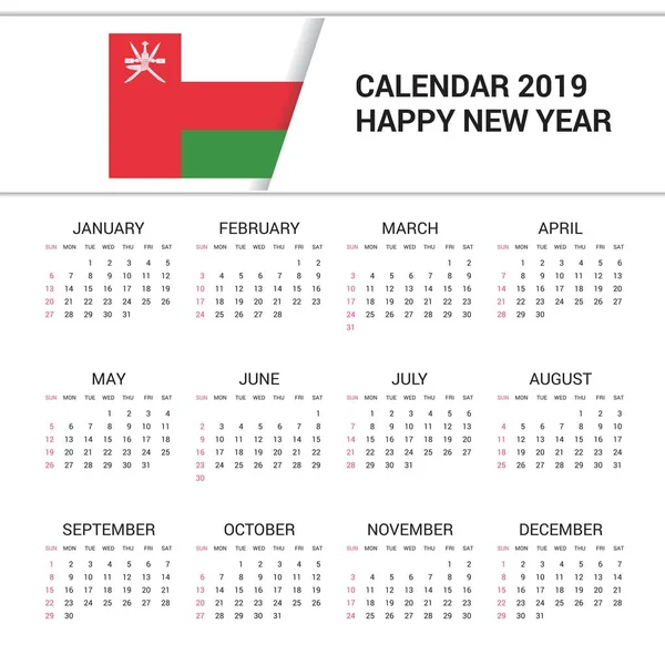 Calendario 2019 Omán Fondo Bandera Idioma Inglés — Vector de stock